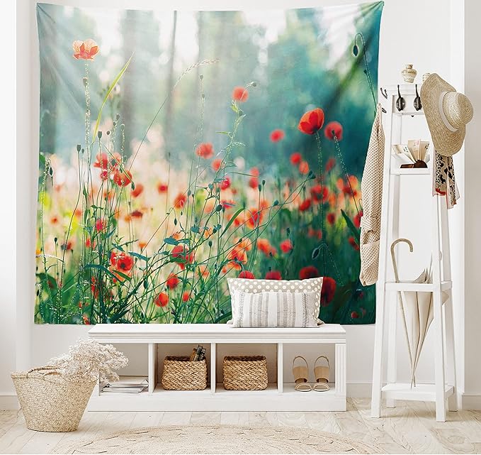 Ambesonne Nature Tapestry, Wild Red Poppy Flowers Field Summertime Sunbeams Gardening Bedding Plants, Wide Wall Hanging for Bedroom Living Room Dorm, 80" X 60", Red Green Yellow