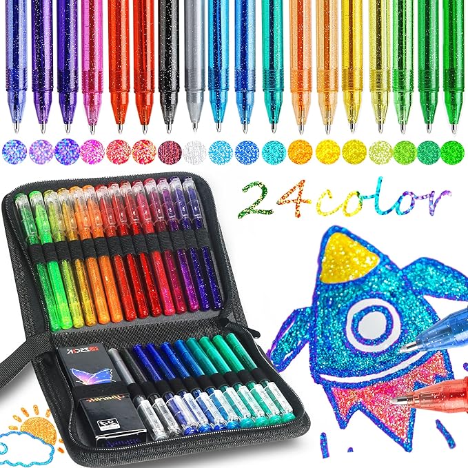 ZSCM 48 Pack Metallic Glitter Gel Pens Set, 24 Colors Sparkle Gel Pens with 24 Glitter Pen Refills in Canvas Bag for Adult Coloring Book Drawing Crafts Scrapbooks Journaling