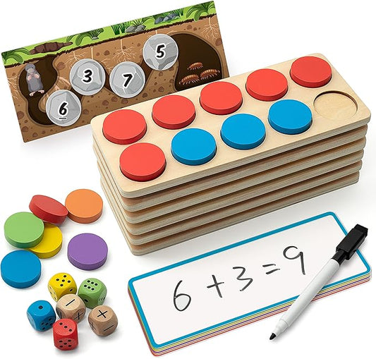 SYNARRY Wooden Ten-Frame Set Math Manipulatives for Kindergarten Elementary 1st 2nd Grade Homeschooling, Addition and Subtraction Montessori Math Games for Chirldren, Counters Toys for Kids Ages 3-8