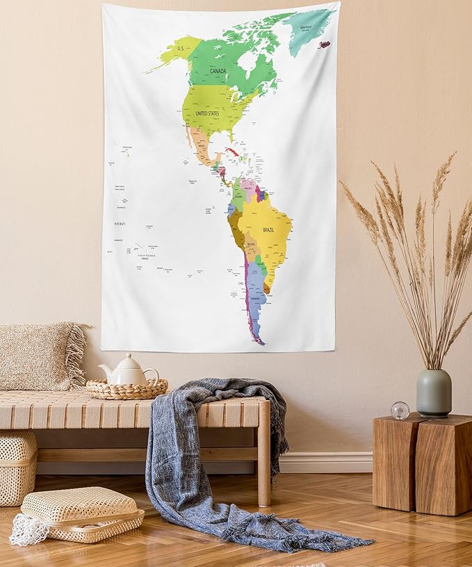 Ambesonne Map Tapestry Twin Size, Map of South and North America with Countries Capitals and Major Cities Colorful Design, Wall Hanging Bedspread Bed Cover Wall Decor, 68" X 88", Green White
