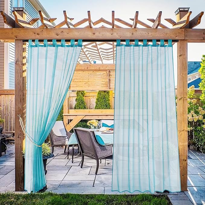 NICETOWN 2 Panels Outdoor Sheer Curtains for Patio Waterproof, Detachable Sticky Tab Top Elegant & Airy Sheer Lightweight Drapes for Pergola/Cabana, Turquoise, W54 x L108