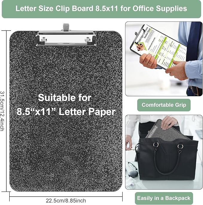 SFLHHDM Clear Glitter Clipboards, Plastic Clipboard with Pen Holder, Clip Boards 8.5x11 with Low Profile Clip, Cute Hanging Clip Board for Office School Supplies Sparkly Clipboard (Ink Black)