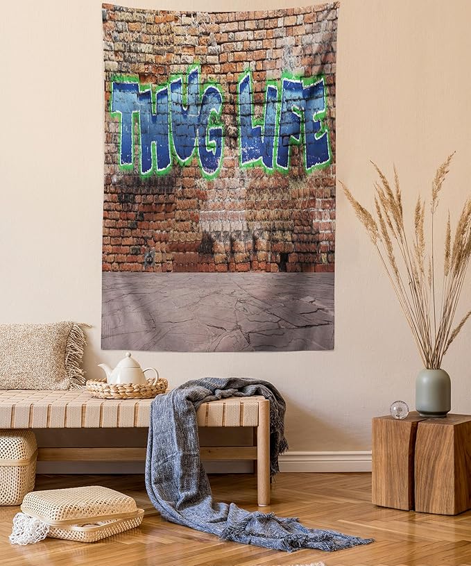 Ambesonne Thug Life Tapestry Twin Size, Graffiti Style Words on a Brick Wall Street Urban Art Hip Hop Rap Culture Theme, Wall Hanging Bedspread Bed Cover Wall Decor, 68" X 88", Brown Blue
