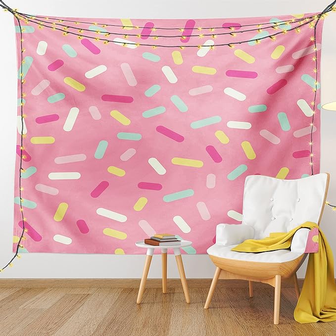 Ambesonne Pink and White Tapestry, Abstract Pattern of Colorful Donut Sprinkles Tasty Food Bakery Theme, Fabric Wall Hanging Decor for Bedroom Living Room Dorm, 28" X 23", Pink Yellow