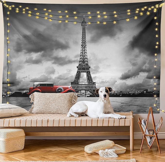 Ambesonne Eiffel Tower Tapestry, Image of Eiffel Tower Paris France Vintage Car Street Dark Clouds, Fabric Wall Hanging Decor for Bedroom Living Room Dorm, 23" X 28", Black Red