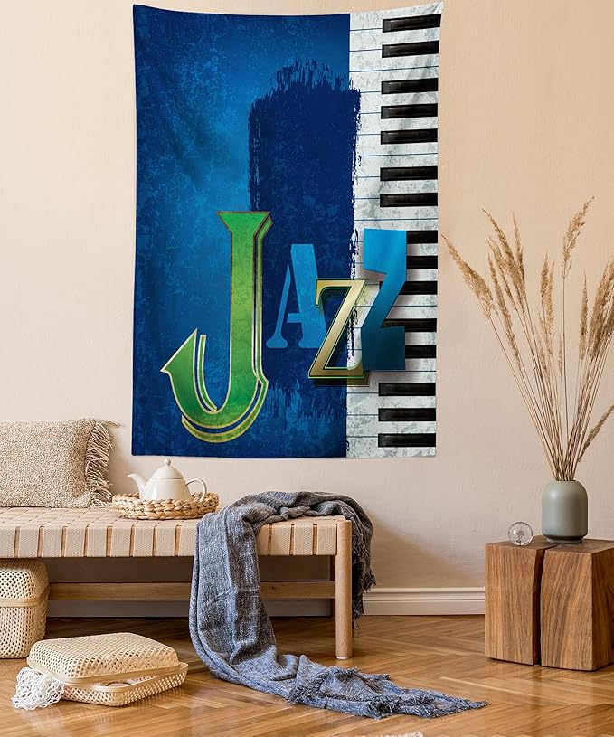 Ambesonne Jazz Music Tapestry, Abstract Cracked Background Piano Keys Themed Print Rhytym Image, Fabric Wall Hanging Decor for Bedroom Living Room Dorm, 23" X 28", Navy Green White