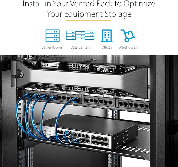 StarTech.com 1U Server Rack Shelf - Universal Vented Rack Mount Cantilever Tray for 19" Network Equipment Rack & Cabinet - Heavy Duty Steel - Weight Capacity 44lb/20kg - 16" Deep Shelf (CABSHELF116V)