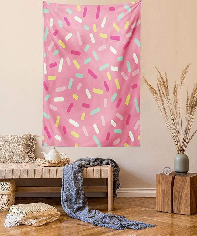 Ambesonne Pink and White Tapestry, Abstract Pattern of Colorful Donut Sprinkles Tasty Food Bakery Theme, Wall Hanging for Bedroom Living Room Dorm Decor, 40" X 60", Pink Yellow