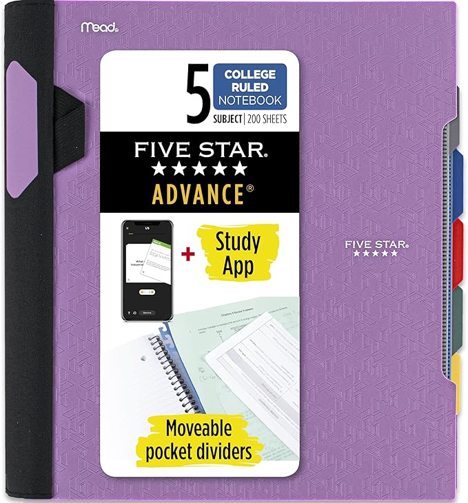 Five Star Advance Spiral Notebook + Study App, 5 Subject, College Ruled Paper, 8-1/2" x 11", 200 Sheets, Spiral Guard, Movable Tabbed Dividers, Amethyst Purple (820013G)