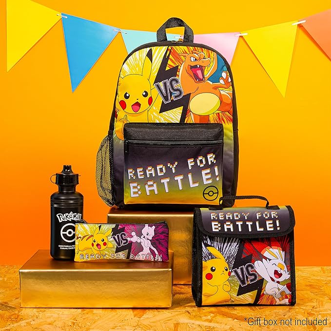 Pokemon Backpack Set 4 Pcs for Kids with Backpack Water Bottle Pencil Case and Insulated Lunch Bag or Wallet Anime School Supplies Gifts for Kids (Black/Yellow 4 Pcs Set)