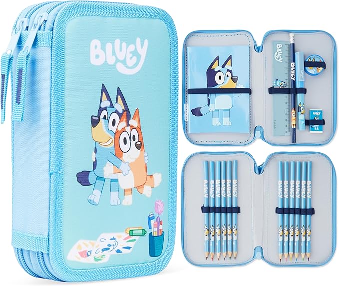 Bluey Filled Pencil Case for Kids with 2 Compartments, Stationery Included - Primary School Supplies