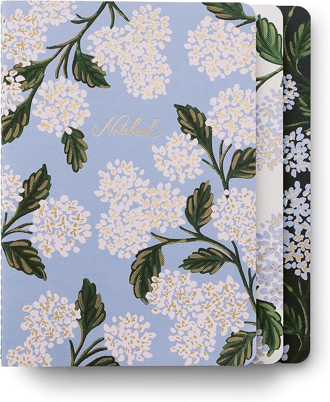 RIFLE PAPER CO. Stitched Notebook Set, 3-Pack Lined Journals with Canvas Paper Cover, Gold Foil Accents & 64 White Ruled Pages, Lay Flat Design | Hydrangea Pattern