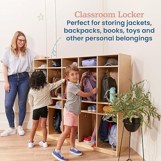 ECR4Kids 10-Section Coat Locker with Tray Storage Compartments, Classroom Furniture, Natural