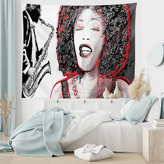 Ambesonne African Tapestry, Afro Lady Singing a Jazz Song with Saxophone Player Silhouette Vintage Design, Fabric Wall Hanging Decor for Bedroom Living Room Dorm, 45" X 30", Black Pale Grey