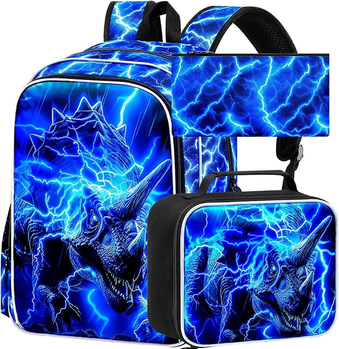 KLFVB 3PCS Boys Lightning Bookbag Set, 17" Dinosaur Backpack and Lunch Box, Water Resistant Teenagers School Backpacks for Middle Elementary - Lightning Triceratops