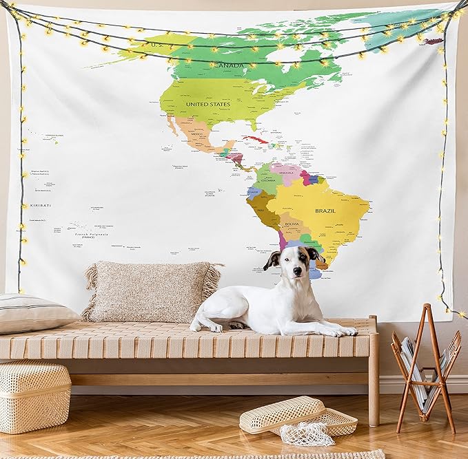 Ambesonne Map Tapestry Twin Size, Map of South and North America with Countries Capitals and Major Cities Colorful Design, Wall Hanging Bedspread Bed Cover Wall Decor, 68" X 88", Green White