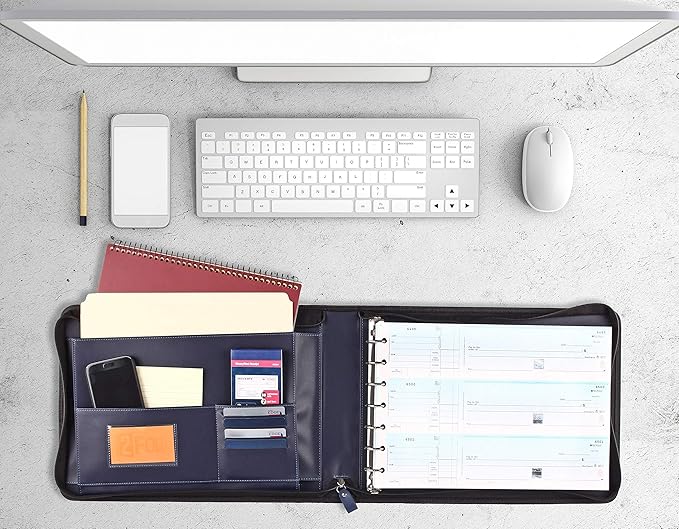 2Fold Zippered Business Checkbook Binder - 7 Ring Binder for Business Checks with Built-in Organizer and Card Case - PU Leather Portfolio for up to 600 3-Up Checks (Blue)