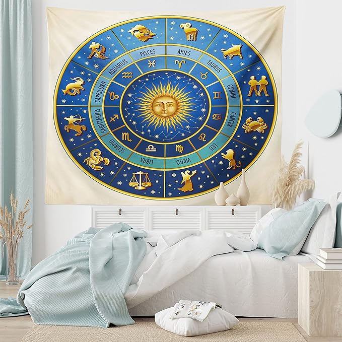 Ambesonne Astrology Tapestry King Size, Wheel of Astrological Signs Names Dates Moon Sun in Middle, Wall Hanging Bedspread Bed Cover Wall Decor, King Size, Blue Yellow and Cream