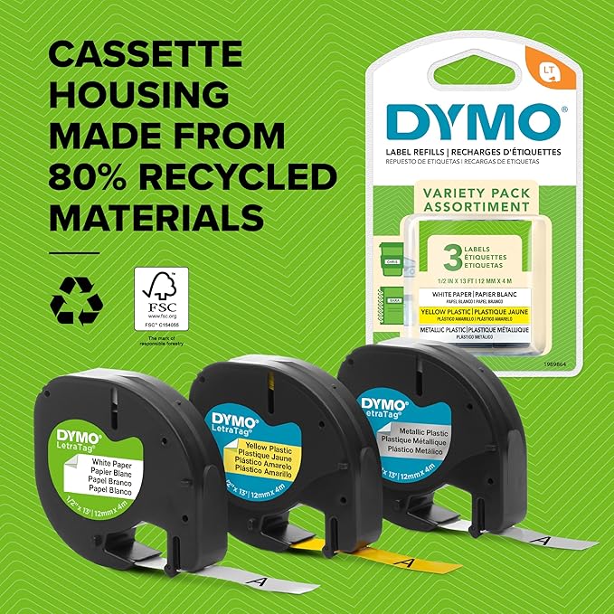 DYMO Authentic LT Plastic Labels | 12mm x 4m Roll | Black Print on Yellow Labels | for LetraTag Label Makers