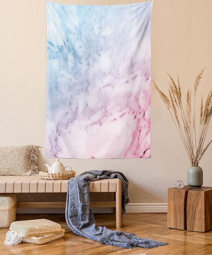 Ambesonne Marble Print Tapestry Queen Size, Pastel Toned Cloudy Crack Lines Stained Antique Shabby Design, Wall Hanging Bedspread Bed Cover Wall Decor, 88" X 88", Pink