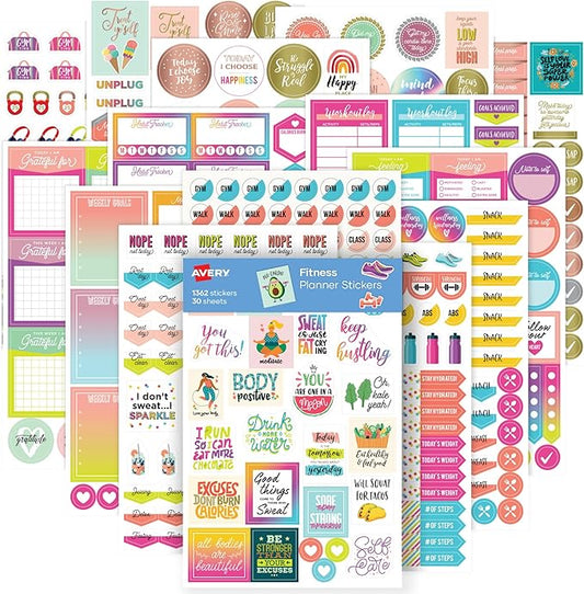 Avery Fitness Planner Stickers Pack, 30 Sheets, Health and Fitness, 1,362 Stickers for Your Planner, Journal or Calendar (6787)