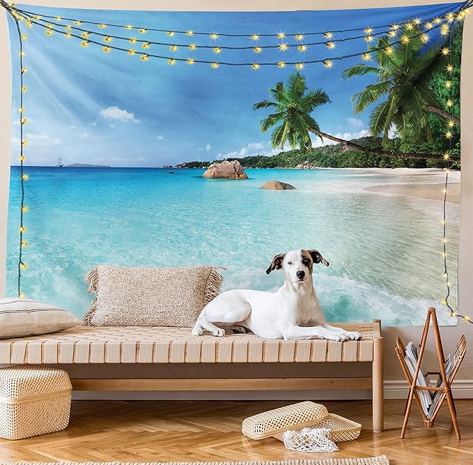 Ambesonne Ocean Tapestry, Anse Lazio Beach at Praslin Island Surfing Beach Scenic View Travel, Wall Hanging for Bedroom Living Room Dorm Decor, 40" X 60", Blue and Turquoise