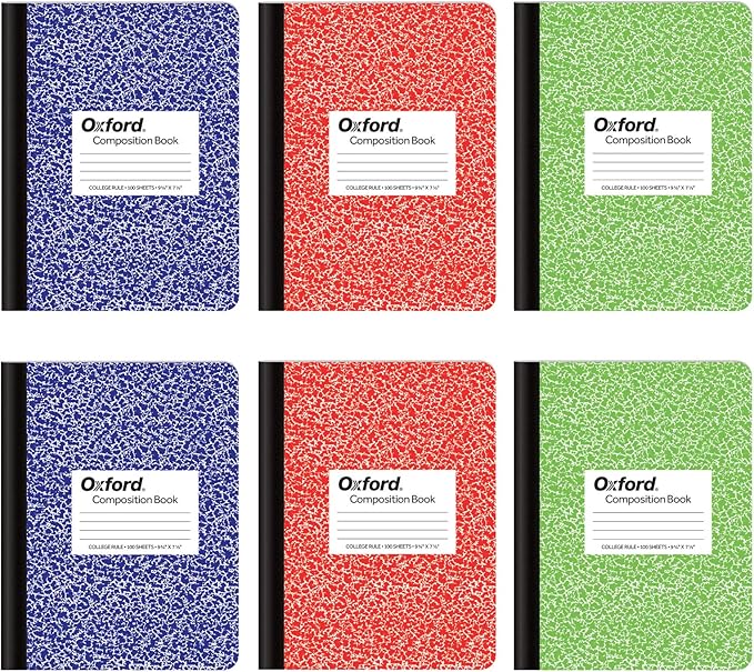 Oxford Composition Notebook,College Ruled Paper,9-3/4 x 7-1/2 Inches,100 Sheets,Assorted Marble Covers. 2 Each: Blue,Green,Red (63763),6 Count (Pack of 4)