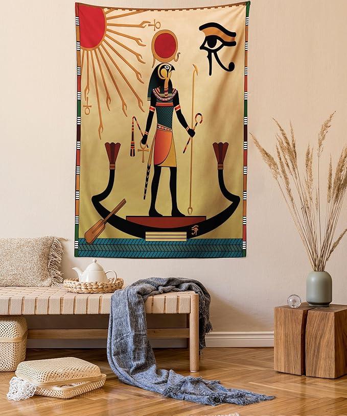 Ambesonne Egyptian Print Tapestry, Sun Old Egyptian Timeless Grace Antique Tradition Illustration, Wall Hanging for Bedroom Living Room Dorm Decor, 60" X 80", Cream Red