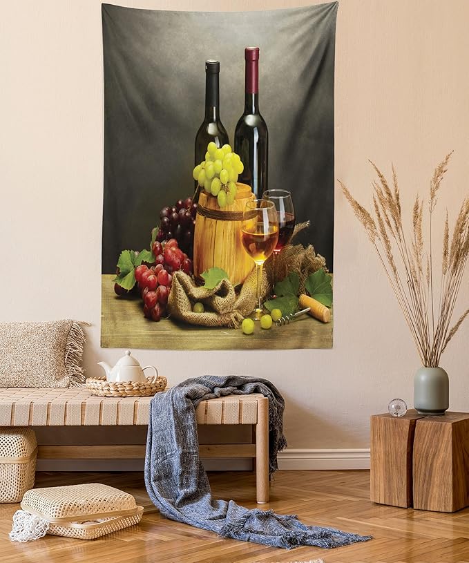 Ambesonne Winery Tapestry, Cask Bottles and Glasses of Wine and Ripe Grapes on Wooden Table Picture Print, Fabric Wall Hanging Decor for Bedroom Living Room Dorm, 30" X 45", Grey Taupe