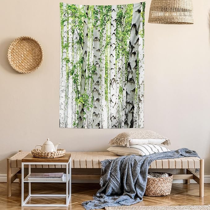 Ambesonne Woodland Tapestry, Birch Trees in The Forest Summertime Wildlife Nature Outdoors Themed Picture, Fabric Wall Hanging Decor for Bedroom Living Room Dorm, 30" X 45", White Green