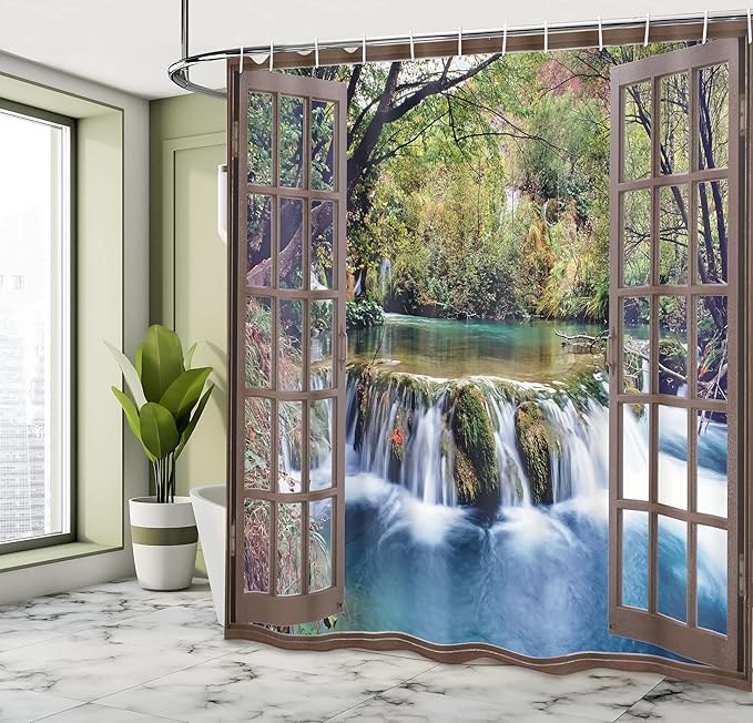 Ambesonne Waterfall Shower Curtain, Wide Waterfall Deep Down in The Forest Seen from a City Window Epic Surreal Print, Cloth Fabric Bathroom Decor Set with Hooks, 69" W x 84" L, Forest Green