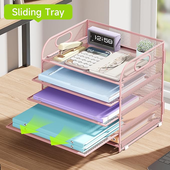 2 Pack 5 Tier Paper Organizer, Letter Tray with Handle, Mesh Desk Organizer, Metal File Organizer, Office Desk Accessories for Home, Office, Classroom, School -Pink