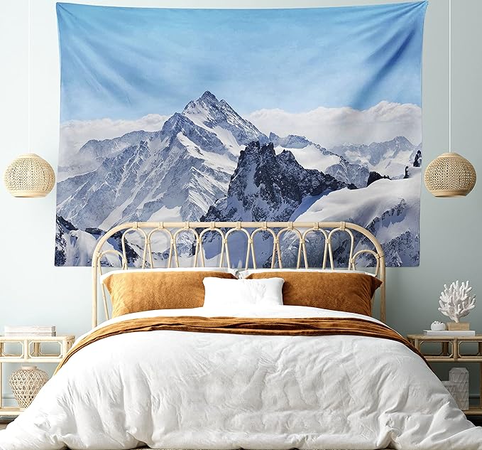 Ambesonne Winter Tapestry, Snowy Rocky Mountain Peaks Tops Scene High Lands ICY Frozen Swiss Outdoor Art, Wide Wall Hanging for Bedroom Living Room Dorm, 60" X 40", Blue and White