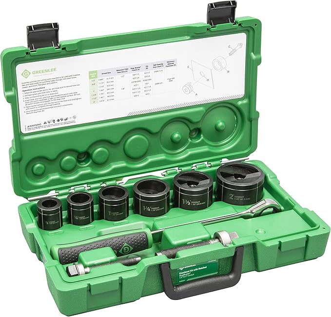Greenlee 7238SB Slug-Buster Knockout Punch Kit with Hex Ratchet Wrench, 1/2" to 2" Punches, and 7/16" and 3/4" Draw Studs, Electrical Conduit Hole Cutter Kit, Low Carbon Steel