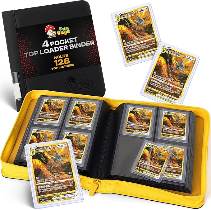FunGuys Toploader Binder – 4 Pocket Trading Card Binder for 128 Top Loaders, Pokemon Card Binder, MTG, Yugioh, Sports Cards, TCG Storage Album, Zipper Card Collector Folder