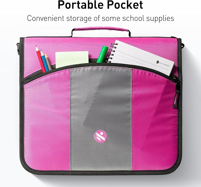 3-Inch Zipper Binder, 3 Rings Binder with Expanding File and Shoulder Strap, Rose