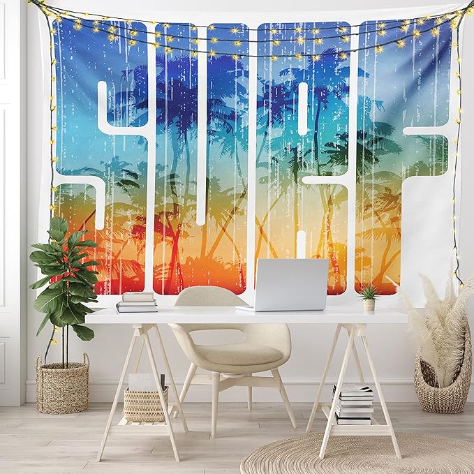 Ambesonne Surf Tapestry King Size, Summer Theme Retro Letters That Reflect the Seacoast Palm Tree Extreme Sports Art, Wall Hanging Bedspread Bed Cover Wall Decor, 104" X 88", Navy Orange