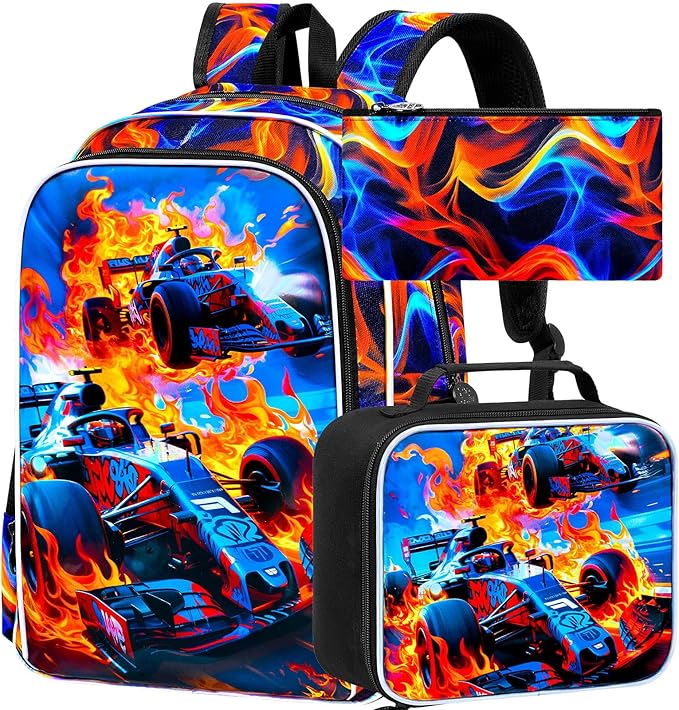 KLFVB 3PCS Boys Backpack, 17" Race Car Bookbag and Lunch Box, Water Resistant Teenagers School Backpacks for Middle Elementary - Flame Race Car