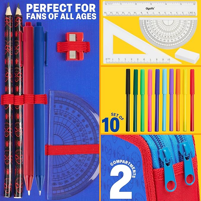 Marvel Spiderman Pencil Case with Colored Pencils Markers School Supplies Set Pen Holder Stationery Art Kit Gifts for Boys (Multi)