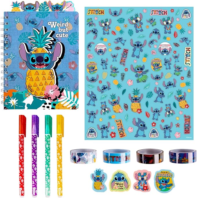 Fashion Angels Disney Stitch Journal Gift Set, Includes Journal, Stickers, Gel Pens, Erasers & Rolls of Tape, Ideal & Cute Stationery Set for Kids & Teens
