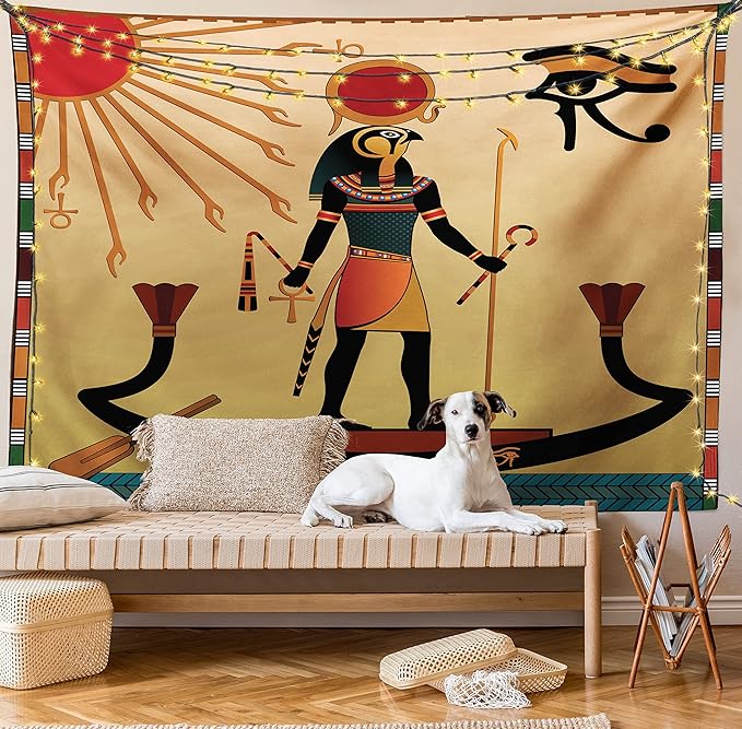 Ambesonne Egyptian Print Tapestry, Sun Old Egyptian Timeless Grace Antique Tradition Illustration, Wall Hanging for Bedroom Living Room Dorm Decor, 60" X 80", Cream Red