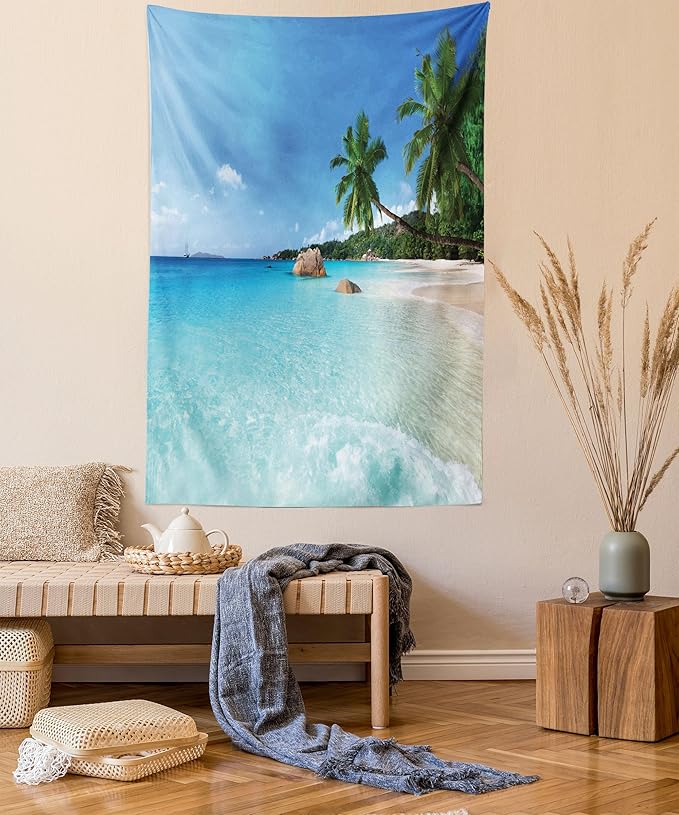 Ambesonne Ocean Tapestry Queen Size, Anse Lazio Beach at Praslin Island Surfing Beach Scenic View Travel, Wall Hanging Bedspread Bed Cover Wall Decor, 88" X 88", Blue and Turquoise