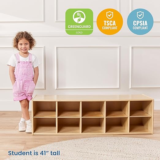 ECR4Kids Streamline 10 Cubby Tray Storage Cabinet, 2x5, Classroom Furniture, Natural