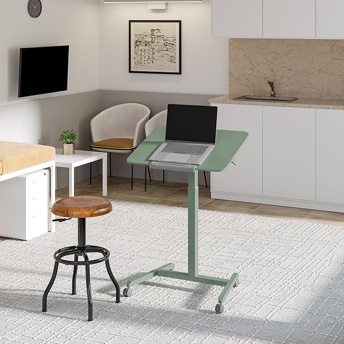 Seville Classics Airlift Height Adjustable Pneumatic Laptop Sit Stand Desk Mobile Rolling Cart, Computer Workstation for Home Office, Classroom, Sage Green, 25.6" Tilting Desktop