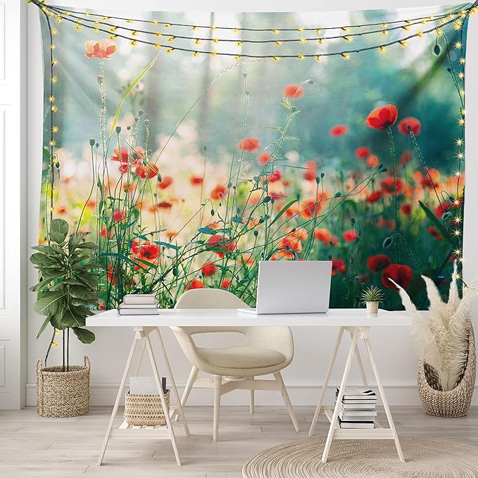 Ambesonne Nature Tapestry, Wild Red Poppy Flowers Field Summertime Sunbeams Gardening Bedding Plants, Wide Wall Hanging for Bedroom Living Room Dorm, 80" X 60", Red Green Yellow