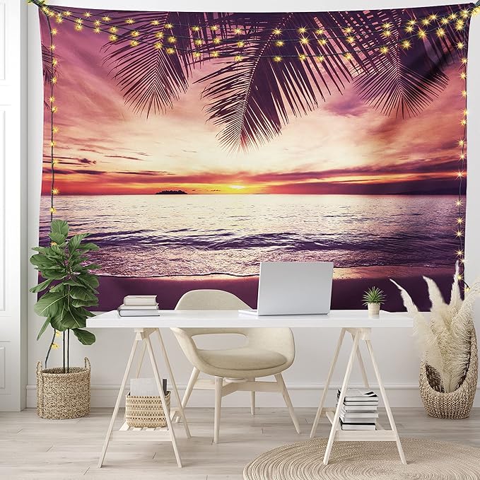 Ambesonne Palm Tree Tapestry, Tropical Beach Under Shadows at Sunset Ocean Waves Serenity of Paradise in Nature, Fabric Wall Hanging Decor for Bedroom Living Room Dorm, 28" X 23", Yellow Purple
