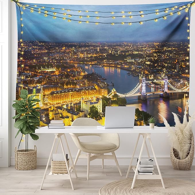 Ambesonne Modern Tapestry, Sunset at London England Cityscape Night Time and Tower Bridge Landmark Urban, Fabric Wall Hanging Decor for Bedroom Living Room Dorm, 45" X 30", Yellow Bluegrey
