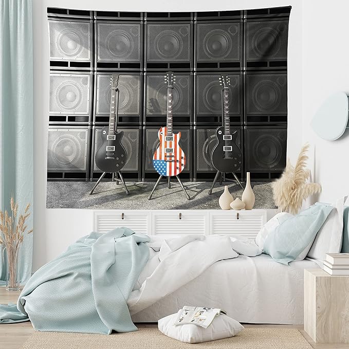 Ambesonne American Flag Tapestry, Black and Us Bass Guitar Electronic Rock Music Theme Digital Graphic Work, Wide Wall Hanging for Bedroom Living Room Dorm, 80" X 60", Charcoal Red