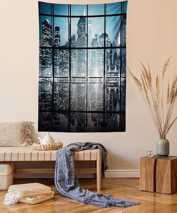 Ambesonne Modern Tapestry, Modern New York City Scenery at Night with Skyscrapers Buildings Print, Fabric Wall Hanging Decor for Bedroom Living Room Dorm, 23" X 28", Black Blue