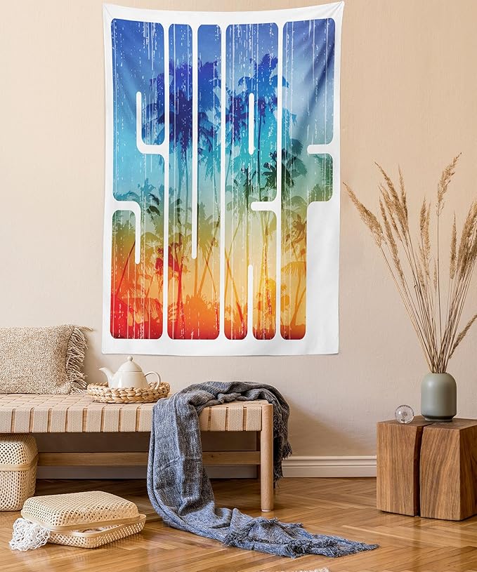 Ambesonne Surf Tapestry, Summer Theme Retro Letters That Reflect the Seacoast Palm Tree Extreme Sports Art, Fabric Wall Hanging Decor for Bedroom Living Room Dorm, 23" X 28", Navy Orange